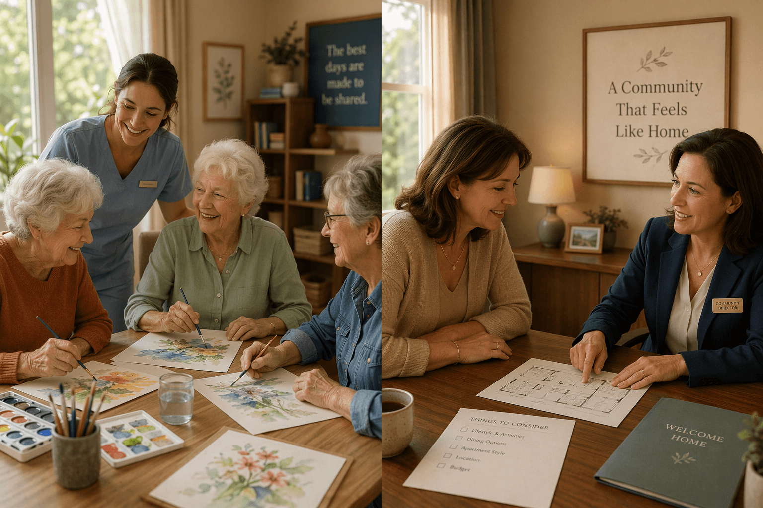 A warm split-scene composition: left side shows a smiling older woman painting with two other seniors at a sunlit table with a caregiver nearby; right side shows an adult daughter and a community director reviewing a floor plan together at a wooden desk.