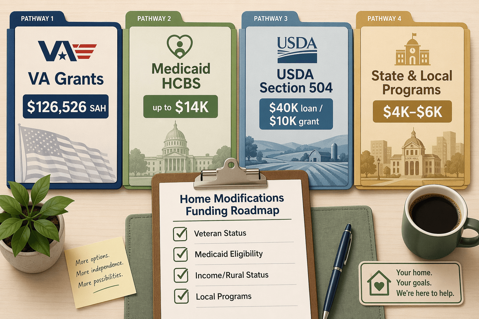 A flat-lay illustration showing four labeled funding pathway folders (VA Grants, Medicaid HCBS, USDA Section 504, State & Local Programs) arranged around a center clipboard titled 'Home Modifications Funding Roadmap' with checklist items for Veteran Status, Medicaid Eligibility, Income/Rural Status, and Local Programs.