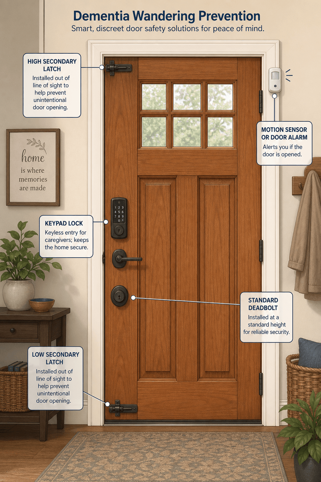 Illustration of a residential entrance door with dementia wandering prevention features including a deadbolt, a secondary latch above eye level, a keypad lock, and a motion sensor.