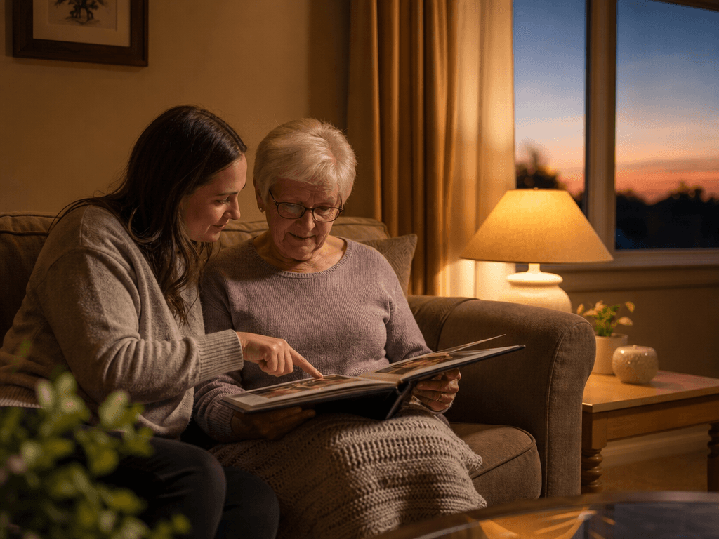 A cozy living room at dusk with warm amber lamplight: an adult daughter and her elderly mother sit together on a sofa, the mother looking at a photo album on her lap while the daughter gently points to a picture; the window shows twilight sky; the scene conveys a calm, low-stimulation evening bonding routine with no TV or screens present.