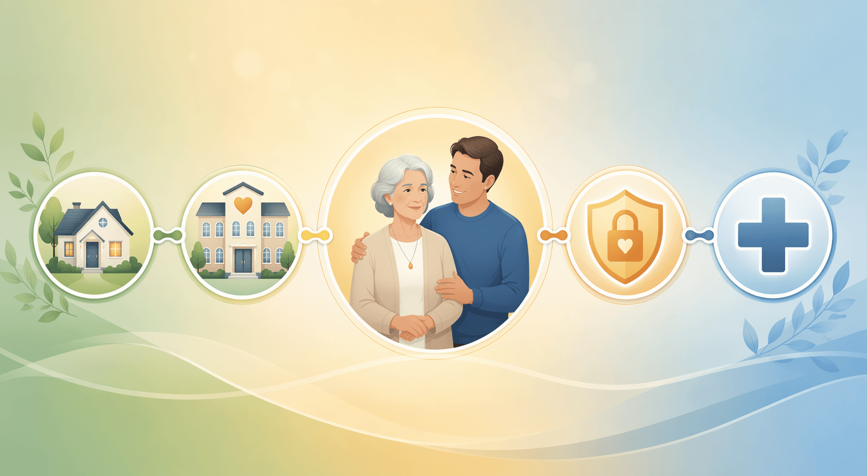 A horizontal care continuum spectrum with an older adult and adult child figure at center, and branching nodes representing home care, assisted living, memory care, and skilled nursing along a gradient background.
