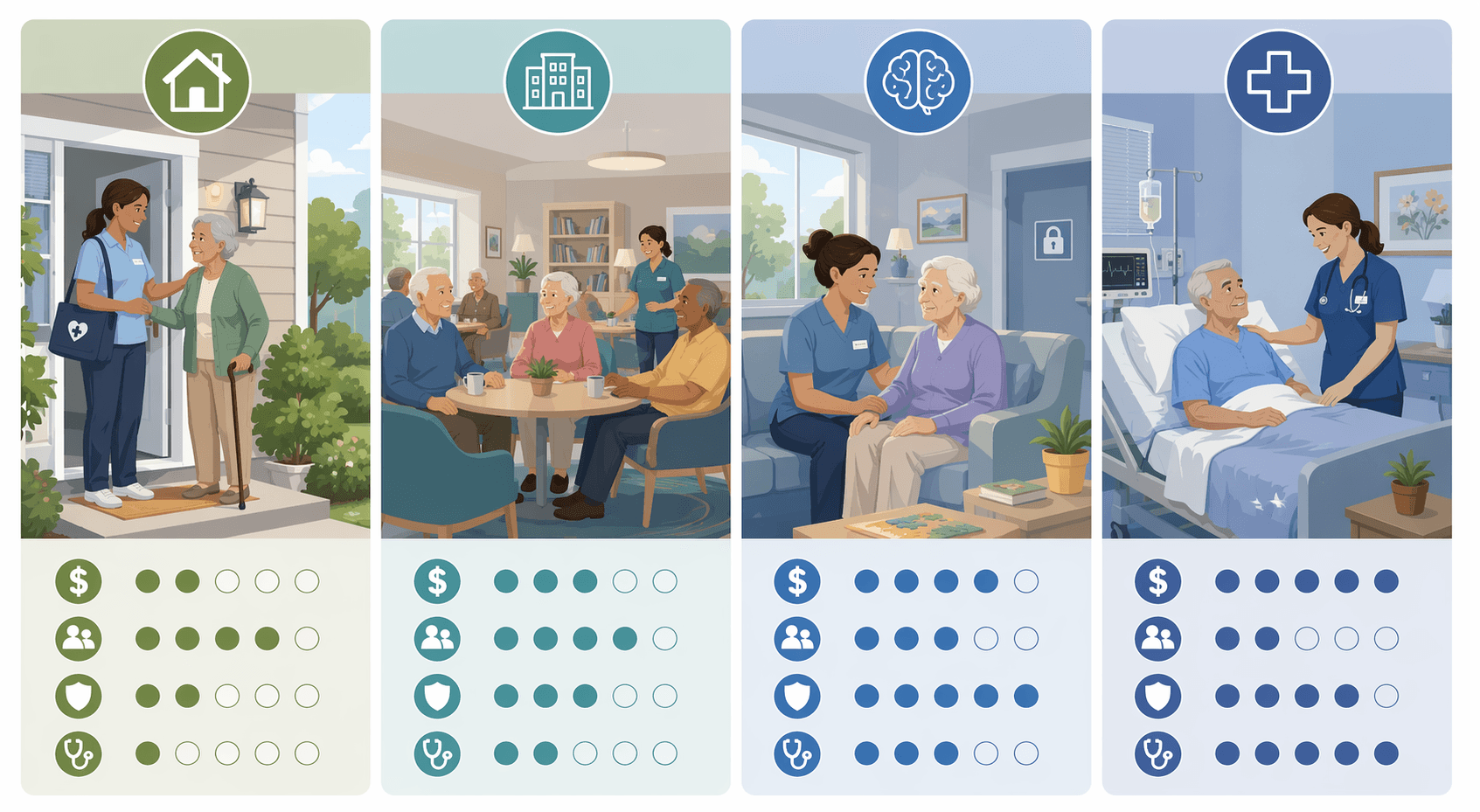 An editorial illustration with four horizontal panels comparing senior care options: Home Care with a caregiver visiting a house, Assisted Living with a senior in a social common area, Memory Care in a calm secure environment with a caregiver, and Nursing Home with a higher medical support setting.