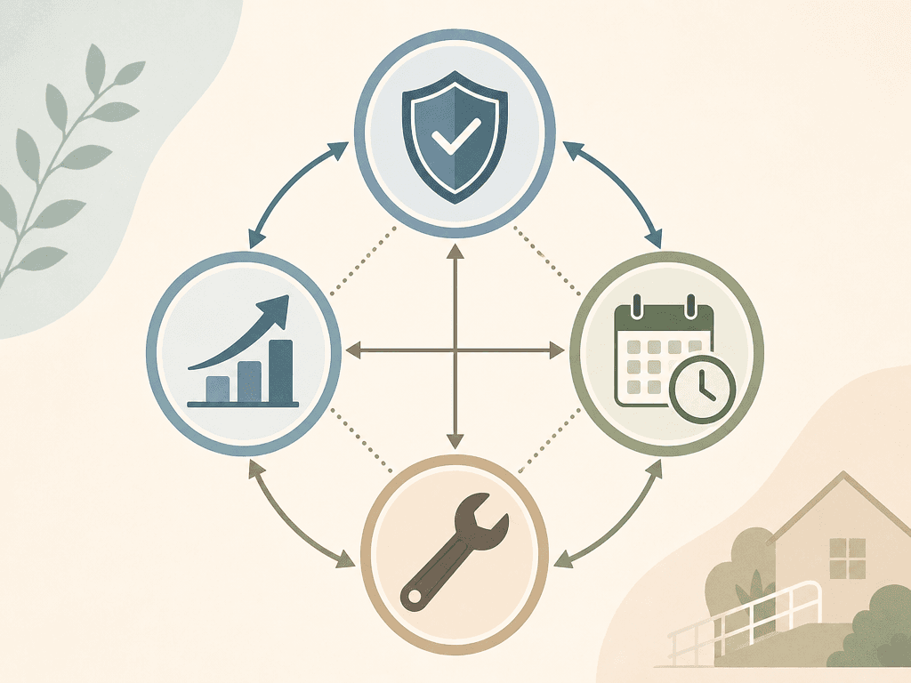 Editorial illustration of the four-factor prioritization framework shown as four connected circular nodes in a diamond formation. The top node contains a shield icon (safety risk), the right node contains a clock icon (frequency of use), the bottom node contains a wrench icon (ease of installation), and the left node contains a forward arrow icon (likelihood of future need). Connecting arrows indicate the factors work as a system.