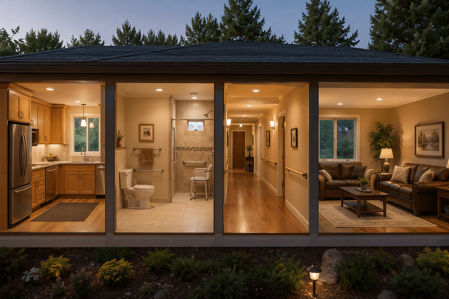 A cutaway view of a single-story home showing four rooms: a kitchen with a non-slip mat, a bathroom with a grab bar and shower chair, a well-lit hallway with clear pathways, and a living room with stable furniture.