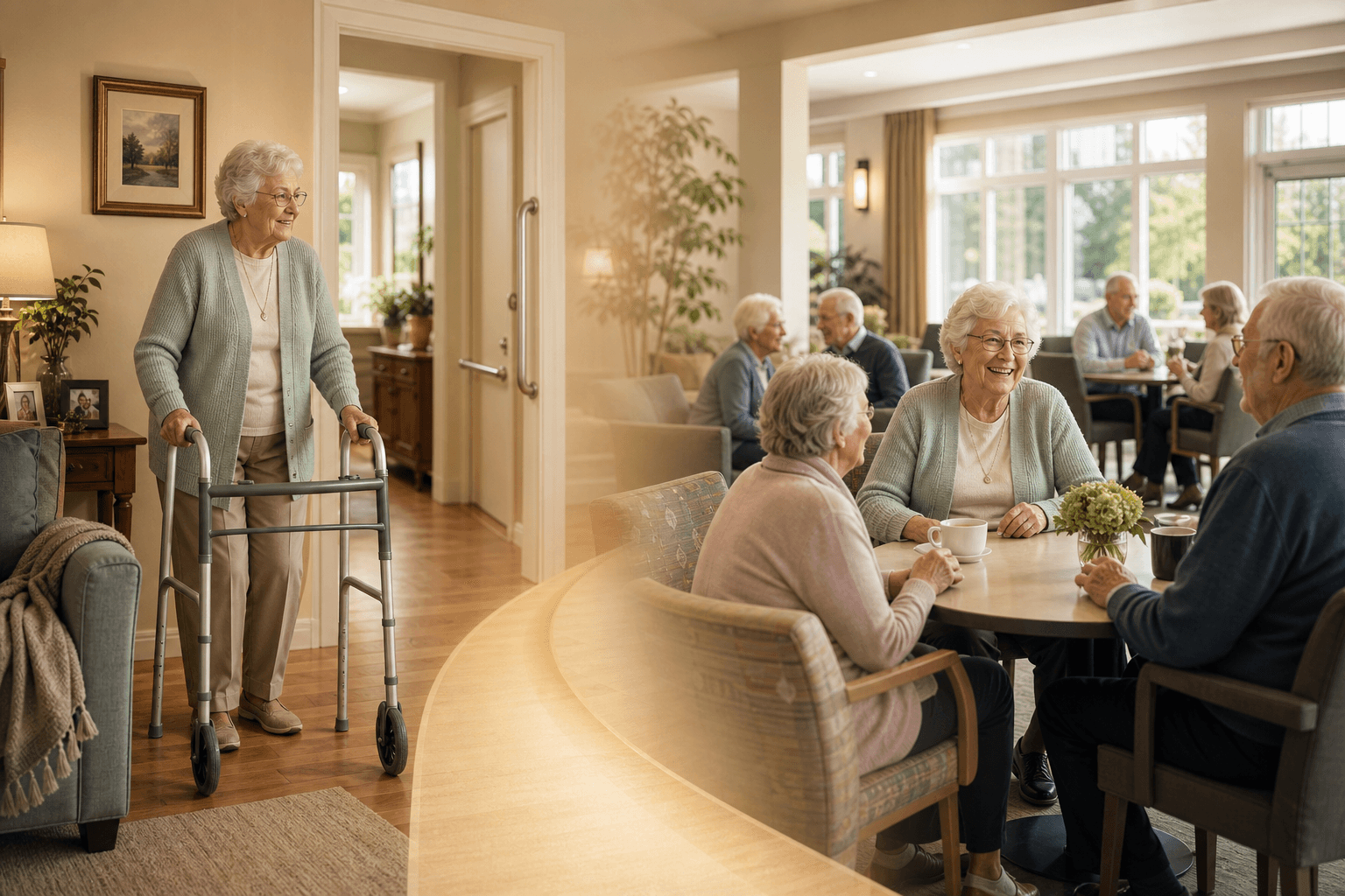 A split-scene residential illustration showing a continuum of senior living: left side shows a modified home interior with an older adult using a walker near a doorway with grab bars and warm lighting; right side shows the same older adult socializing with peers in a bright modern senior living community common area, connected by a soft visual gradient.