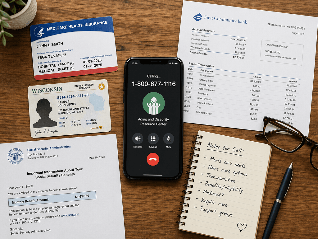 An overhead flat lay of a wooden table showing a smartphone with the number 1-800-677-1116 on its screen, alongside a Medicare card, a state ID, a bank statement, a Social Security award letter, a notebook with handwritten notes, a pen, and reading glasses.