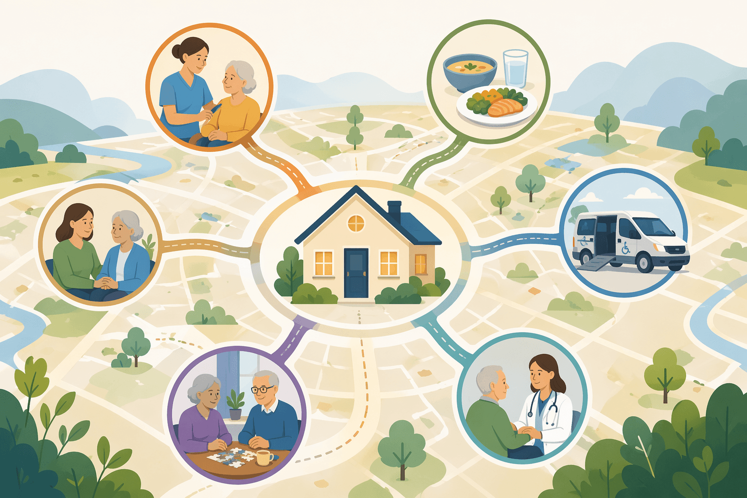 Organized map of elderly home care services with personal care, meals, transportation, medical care, and adult day service nodes