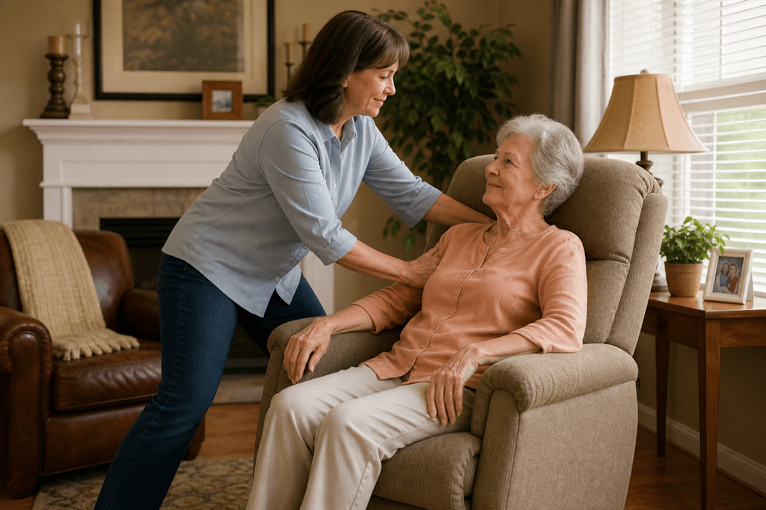 A family caregiver standing beside a padded armchair with a stable stance, knees slightly bent, gently supporting an older seated person's shoulders and back.