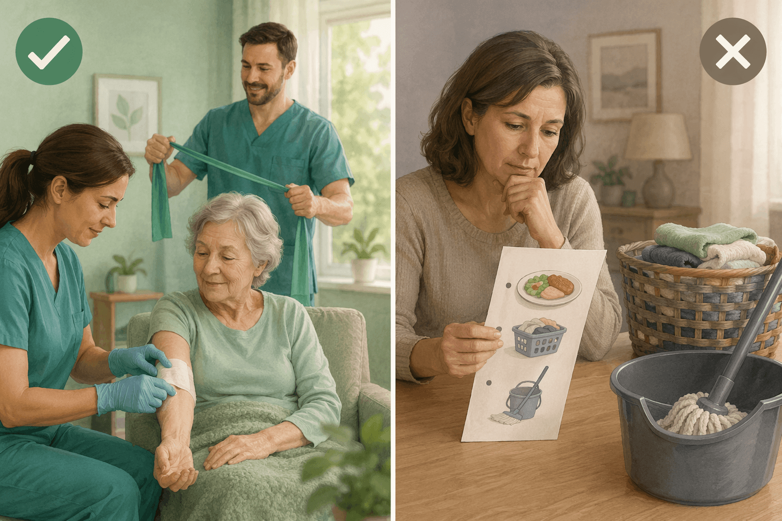 A split comparison illustration with a green-toned left side showing a nurse changing a wound dressing and a physical therapist nearby with a checkmark, and a warm gray right side showing a family member looking at a list of daily tasks (meal tray, laundry basket, mop bucket) with an X icon.