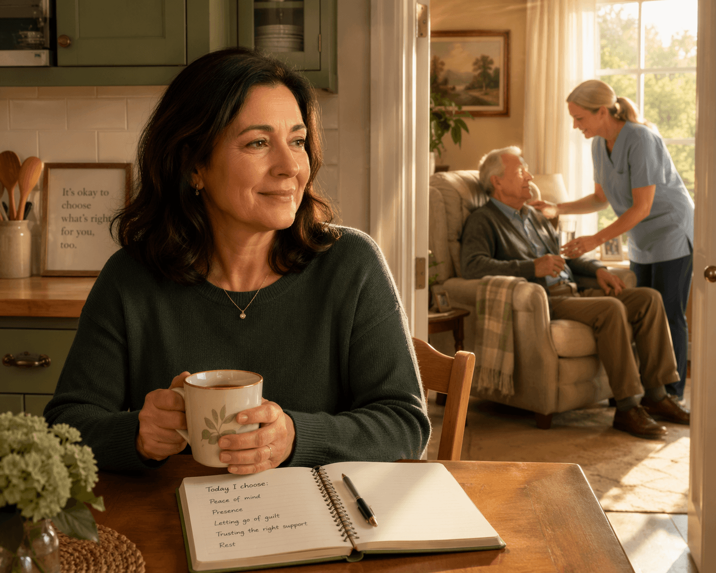 A middle-aged daughter sits at a kitchen table with a notebook and a cup of tea, looking relieved. Through a sunlit doorway, her elderly father is attended by a professional caregiver.