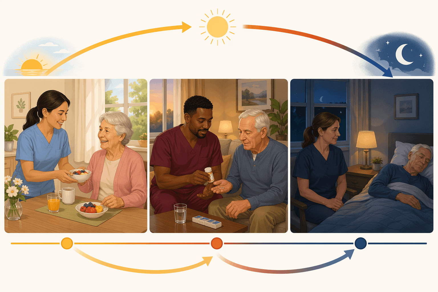 A horizontal timeline divided into three segments showing three different caregivers rotating through a home over 24 hours: a morning shift caregiver helping with breakfast, an afternoon shift caregiver assisting with medication, and a night shift caregiver sitting awake near a sleeping senior.