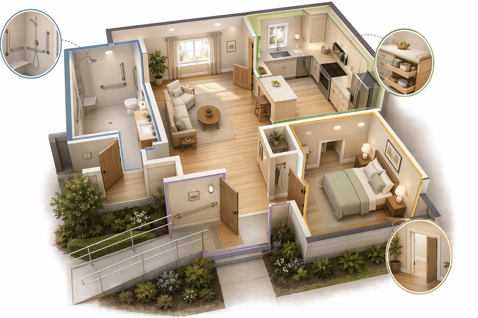 Home floorplan illustration with different rooms highlighted and labeled, showing subtle aging-in-place modifications including a walk-in shower in the bathroom, widened doorways, a kitchen with accessible counters, and an entryway ramp.