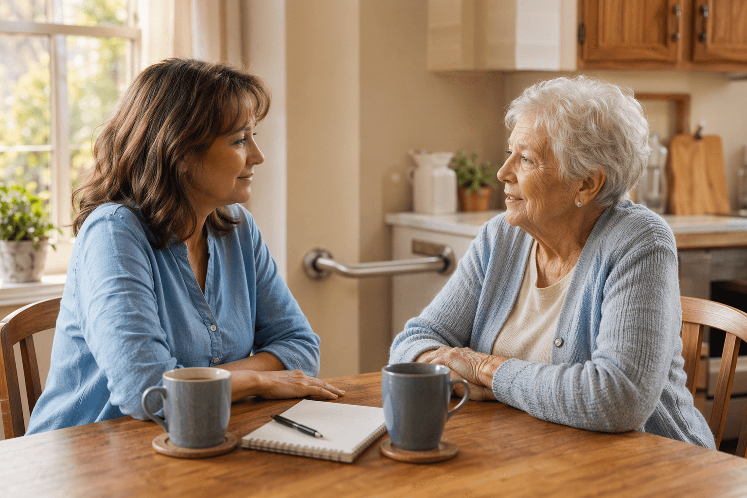 Adult daughter and elderly mother sitting at a kitchen table with two coffee mugs and a notepad between them, engaged in a calm conversation in warm natural window light.