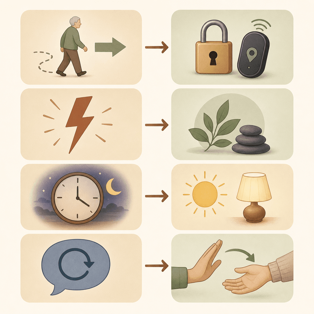 An editorial illustration showing four dementia behavior icons connected by arrows to matching caregiver response strategies: wandering to lock and GPS, agitation to calm leaf, sundowning to sun and lamp, repetitive speech to redirection hand gesture.