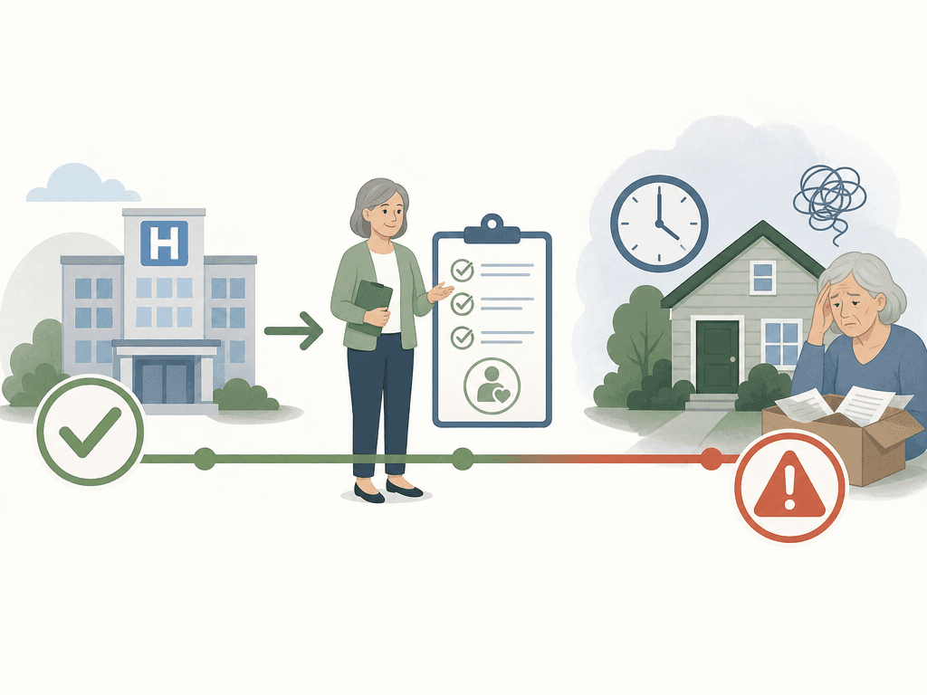 A timeline visual with a hospital icon on the left marked with a green check symbol and an advisor figure next to a discharge checklist, transitioning to a house with a clock and red warning symbol on the right, illustrating the best time to call an advisor versus calling too late.