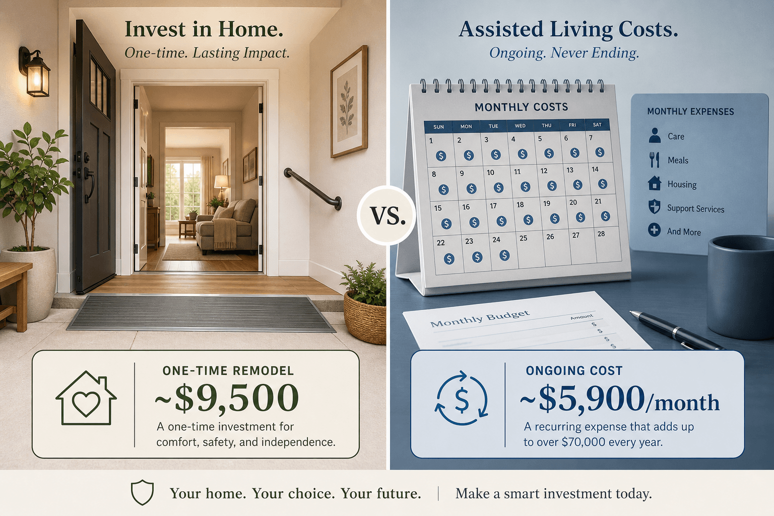 Split comparison showing a warm accessible home entryway on the left and abstract monthly calendar costs on the right.