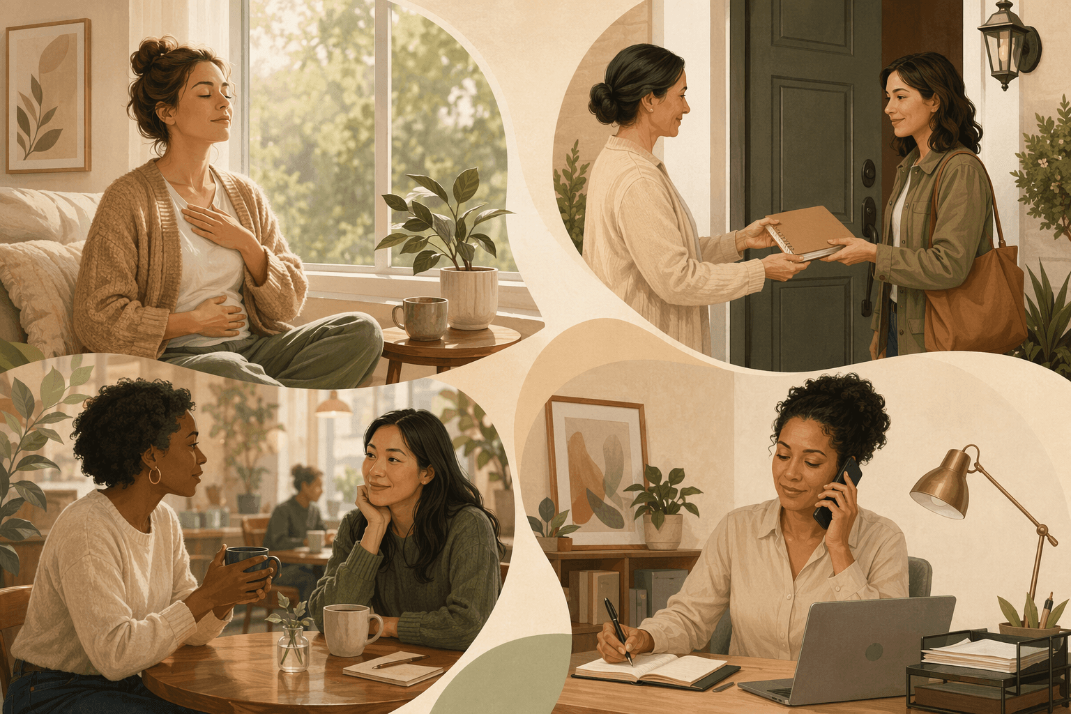 Illustration of four caregiver pressure-release options: breathing practice, respite handoff, social connection, and a support call