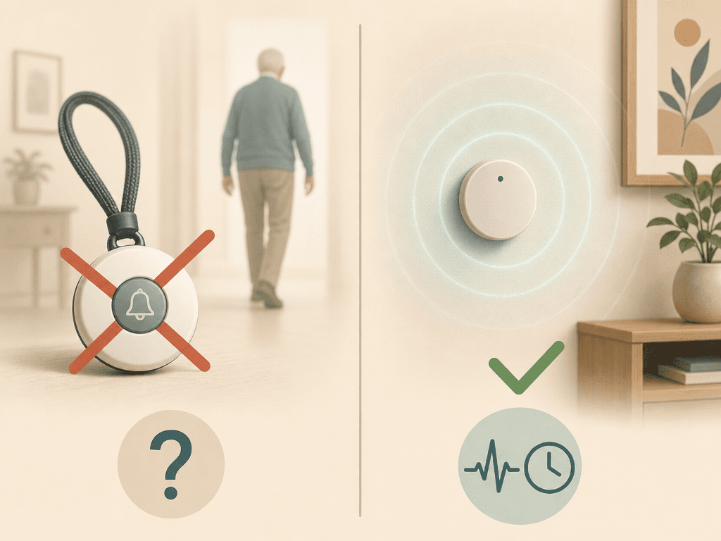 Side-by-side comparison: wearable pendant with a red X versus a wall sensor with a green checkmark.