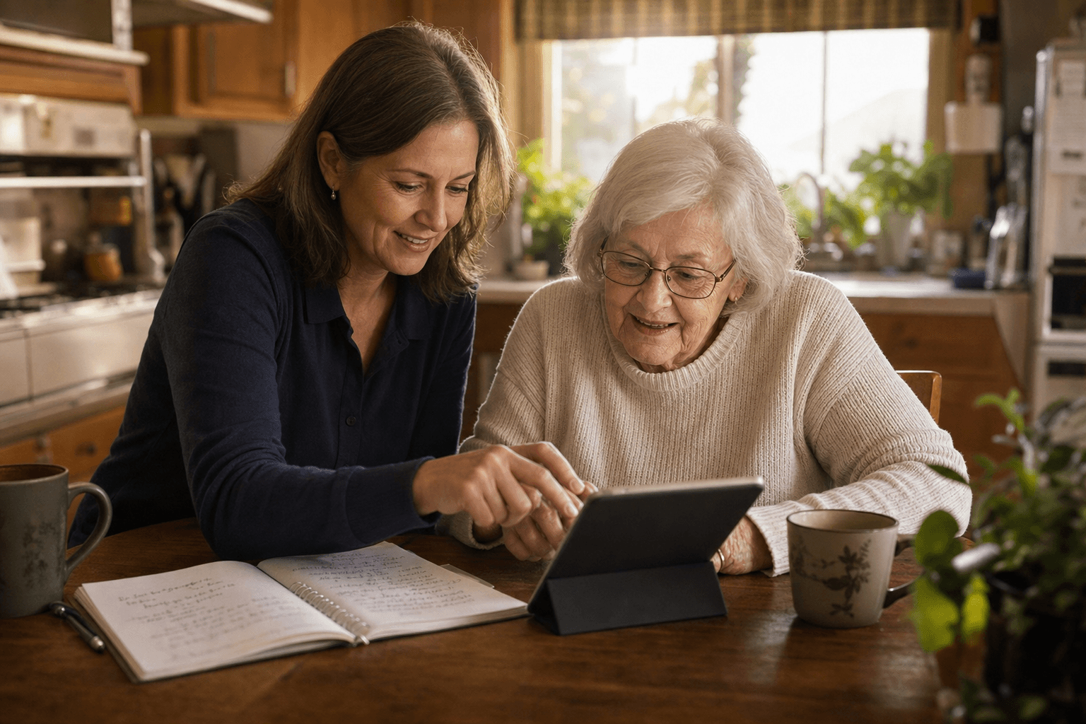 A middle-aged adult daughter sits beside her older mother at a wooden kitchen table bathed in warm natural sunlight. The daughter gently guides her mother's hands on a tablet while an open notebook with handwritten notes sits nearby.