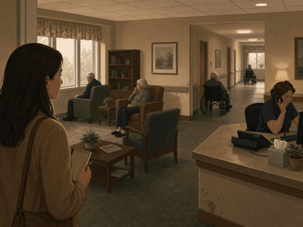 An editorial illustration of an adult child visitor standing at the edge of a senior care facility common room with a notebook in hand, quietly observing residents sitting alone near windows and a staff member behind a desk.