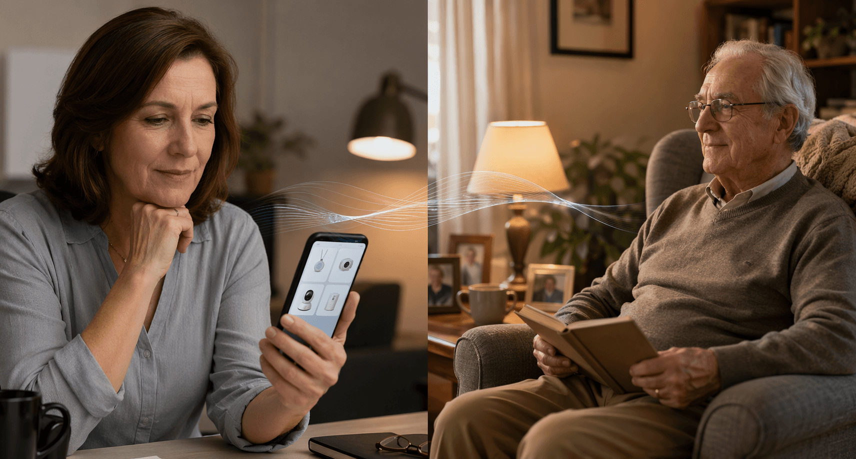 Middle-aged caregiver reviewing monitoring options on a phone while an older parent sits at home