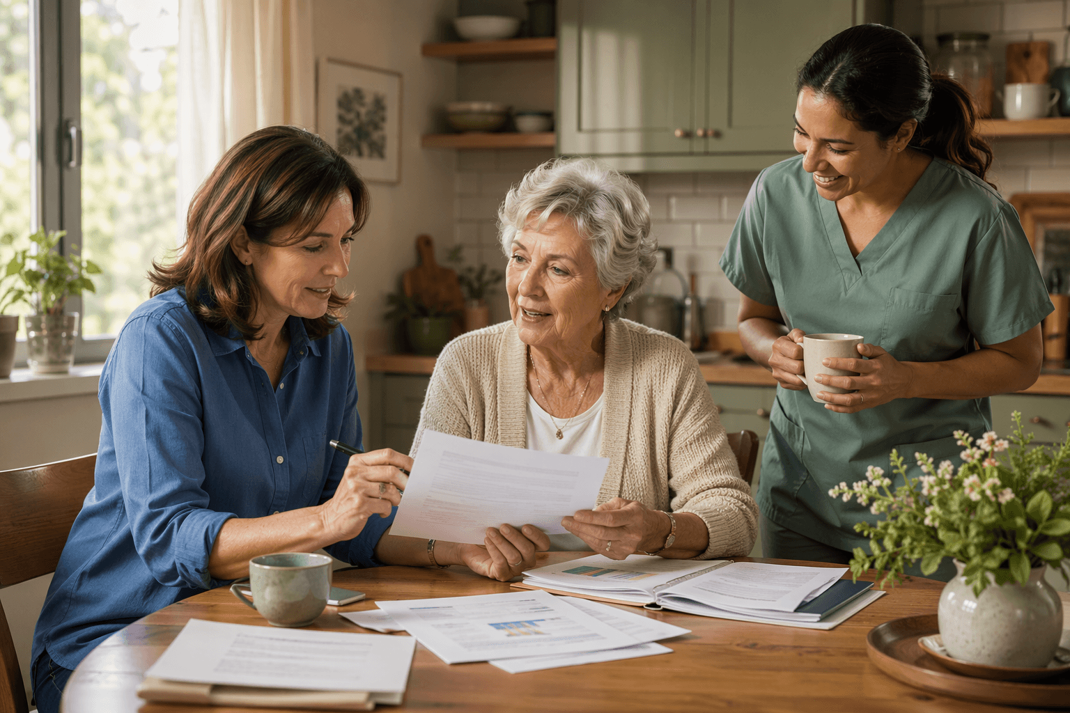 An adult daughter in her mid-40s sits at a modern kitchen table with her elderly mother, both reviewing papers together. A home care aide stands nearby holding a cup of tea.