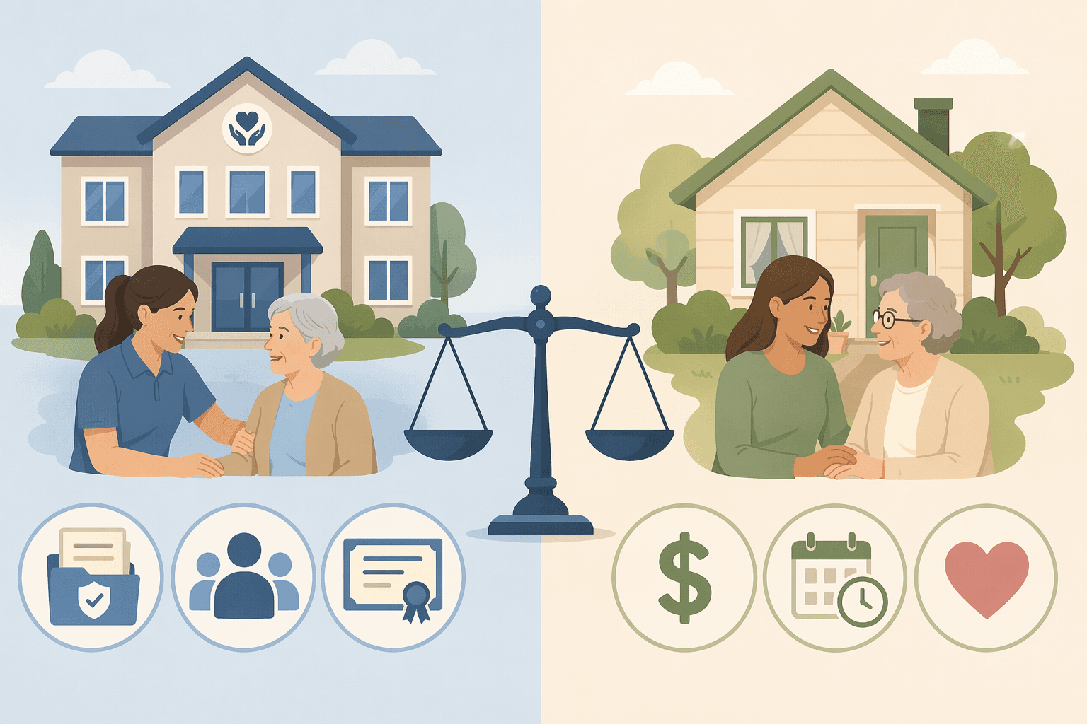 A split-comparison illustration showing a home care agency path on the left with icons for insurance, backup care, and training, and an independent caregiver path on the right with icons for cost savings, schedule flexibility, and direct relationship. A balanced scale icon sits between the two sides, rendered in muted warm tones.