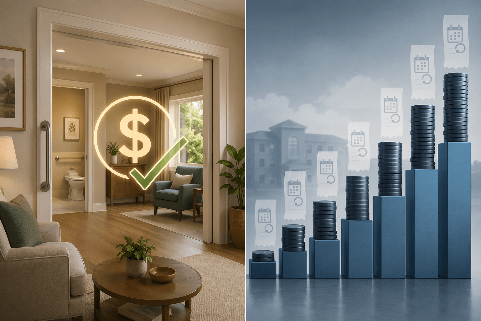Split editorial illustration contrasting a one-time home modification investment on the left, showing a comfortable accessible home interior, against abstract recurring monthly cost stacks rising higher on the right, using warm residential tones versus cooler financial chart tones.