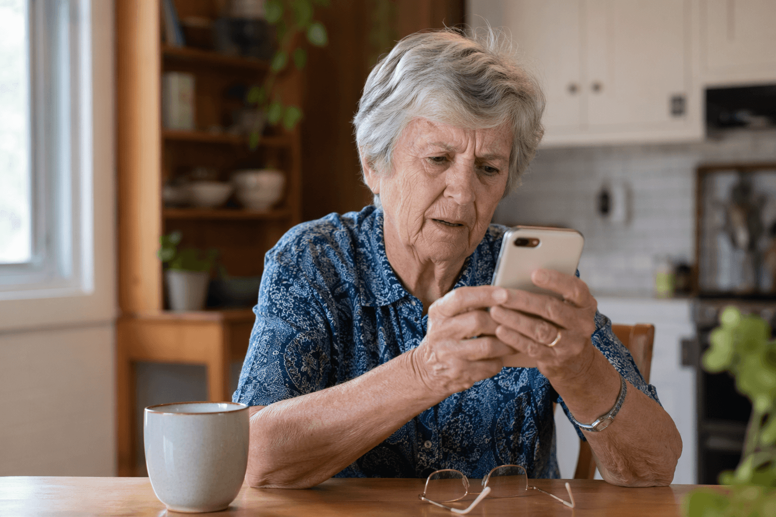 Older woman at a kitchen table looking at a smartphone with reading glasses and a coffee mug nearby