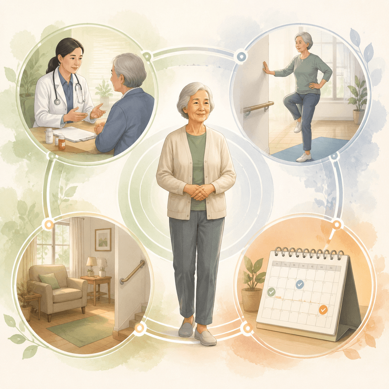 Coordinated fall prevention approach connecting clinical assessment, balance exercise, home safety, and follow-up