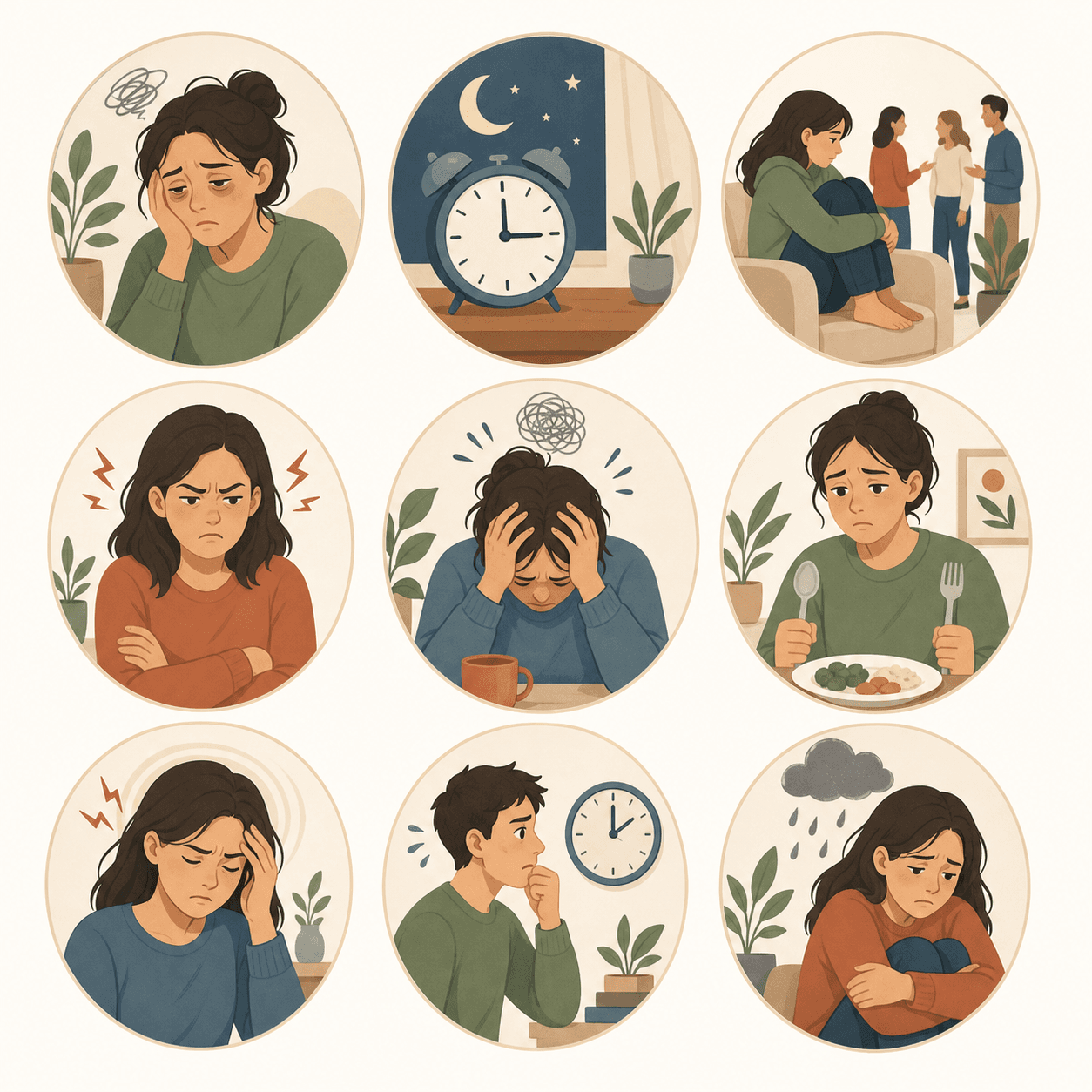 A 3x3 grid of nine soft circular icons in warm earth tones representing caregiver stress warning signs: tired eyes, disrupted sleep, social withdrawal, irritability, overwhelm, appetite changes, physical symptoms, time pressure, and mood changes.