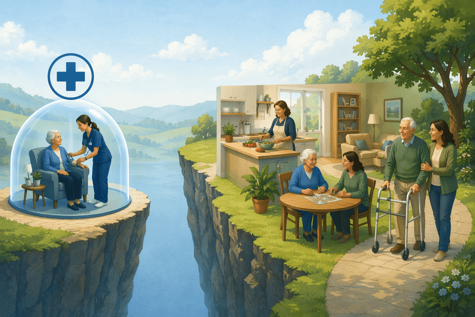 An editorial illustration showing the gap between Medicare coverage and actual senior care needs.