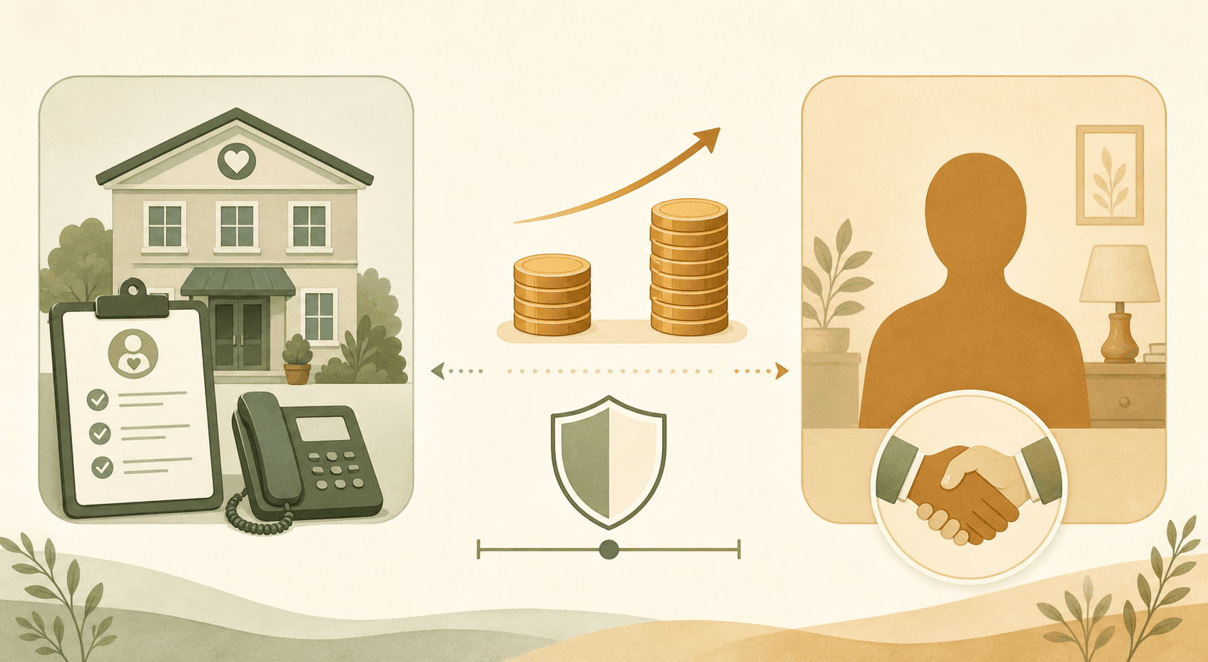 A clean editorial comparison illustration with a home care agency on one side and private hire on the other, with coin stacks of varying heights and a partial shield icon between them.