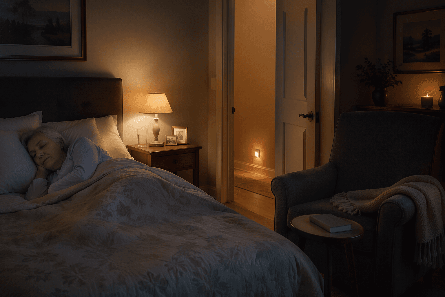 A cozy bedroom at night with a senior sleeping peacefully in bed; an armchair with a folded blanket and book nearby indicates a live-in caregiver resting within earshot, with soft light from the hallway through a slightly open door conveying overnight safety.