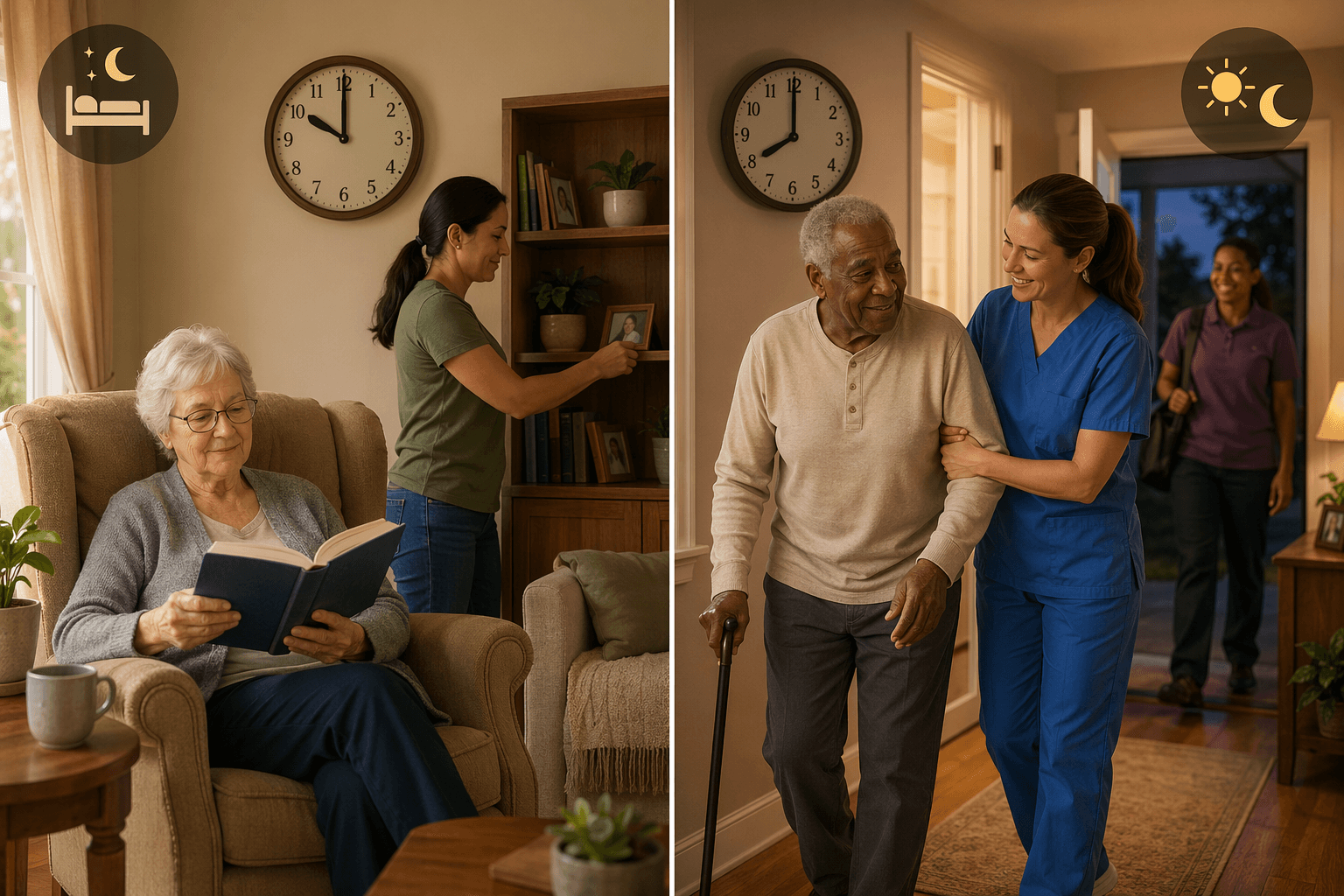 Split-illustration of two in-home care scenarios: left side shows a senior reading in an armchair while a caregiver tidies nearby with a moon-and-bed icon in the corner indicating overnight sleep; right side shows a senior being helped to walk by a caregiver in blue scrubs while another caregiver in a different shirt arrives through a doorway for shift change, with an evening clock and awake icon indicating 24-hour awake care.