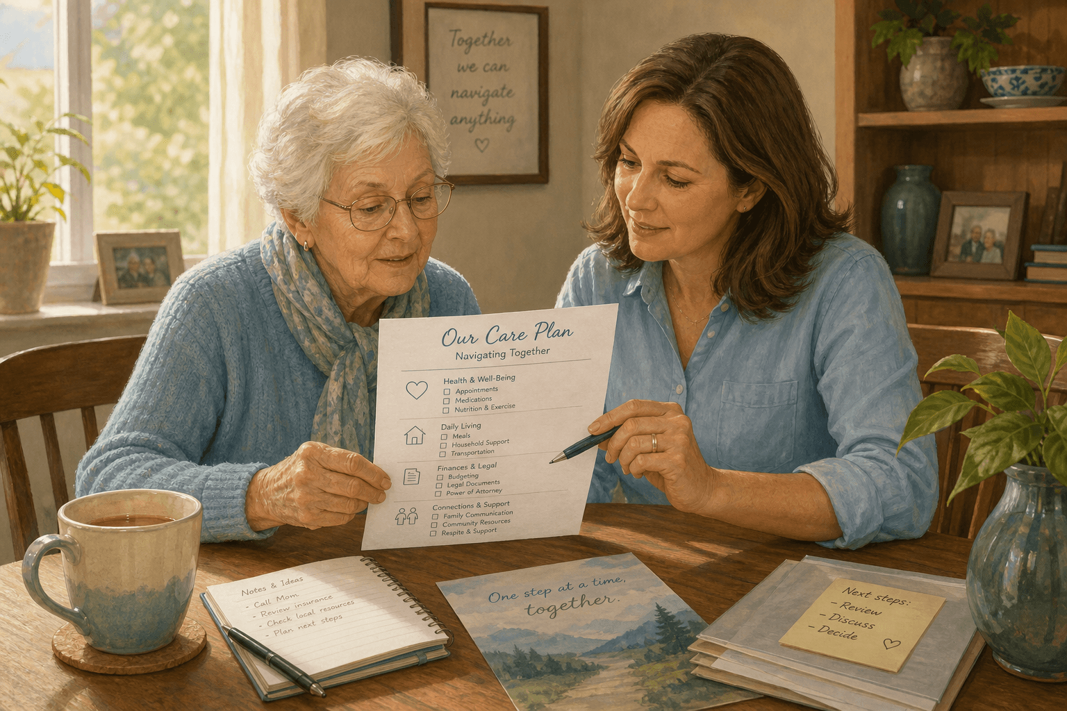 An adult child and elderly parent sitting at a sunlit kitchen table reviewing a care plan checklist together.
