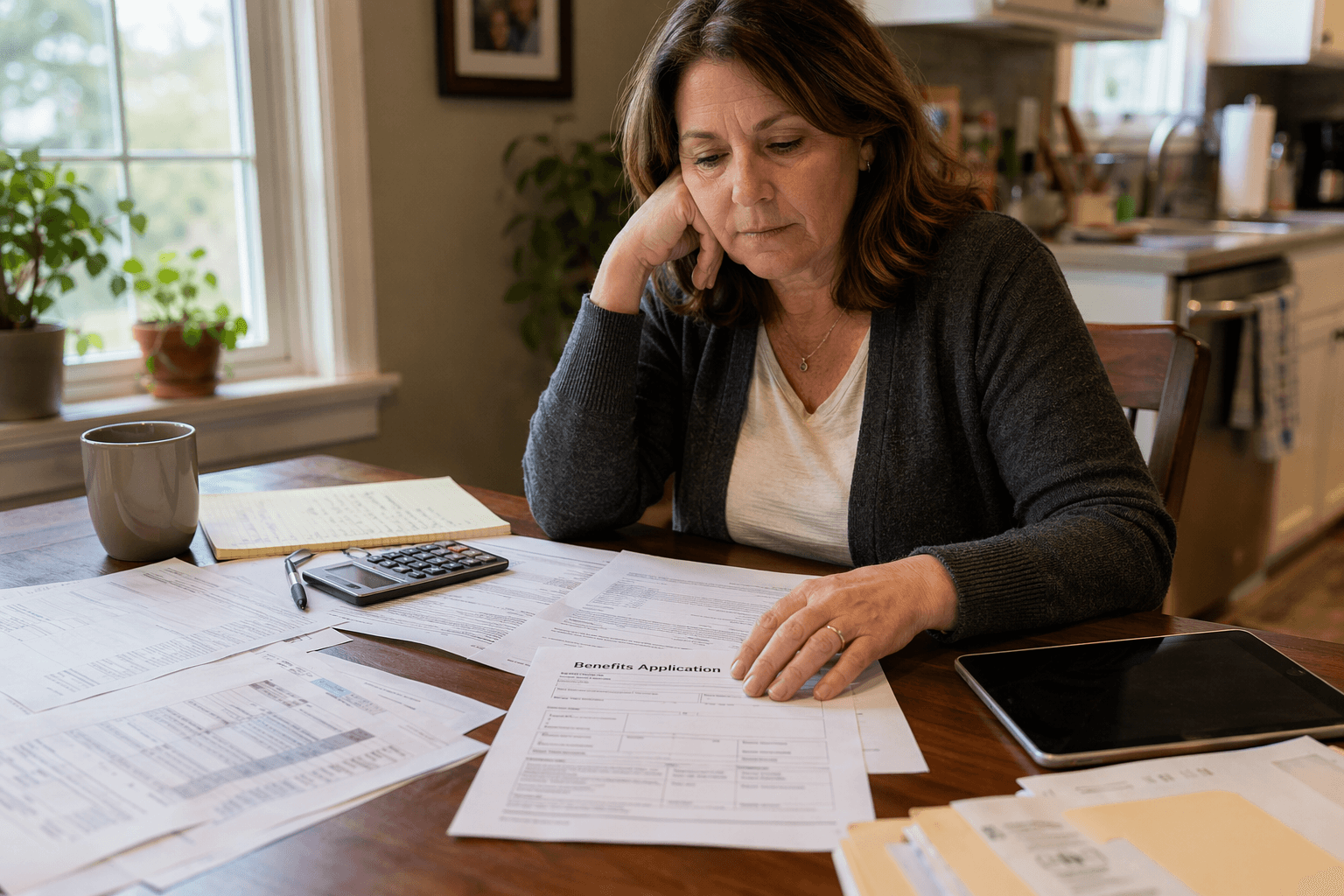 A middle-aged woman reviewing financial papers, benefit forms, a calculator, and a tablet at a kitchen table