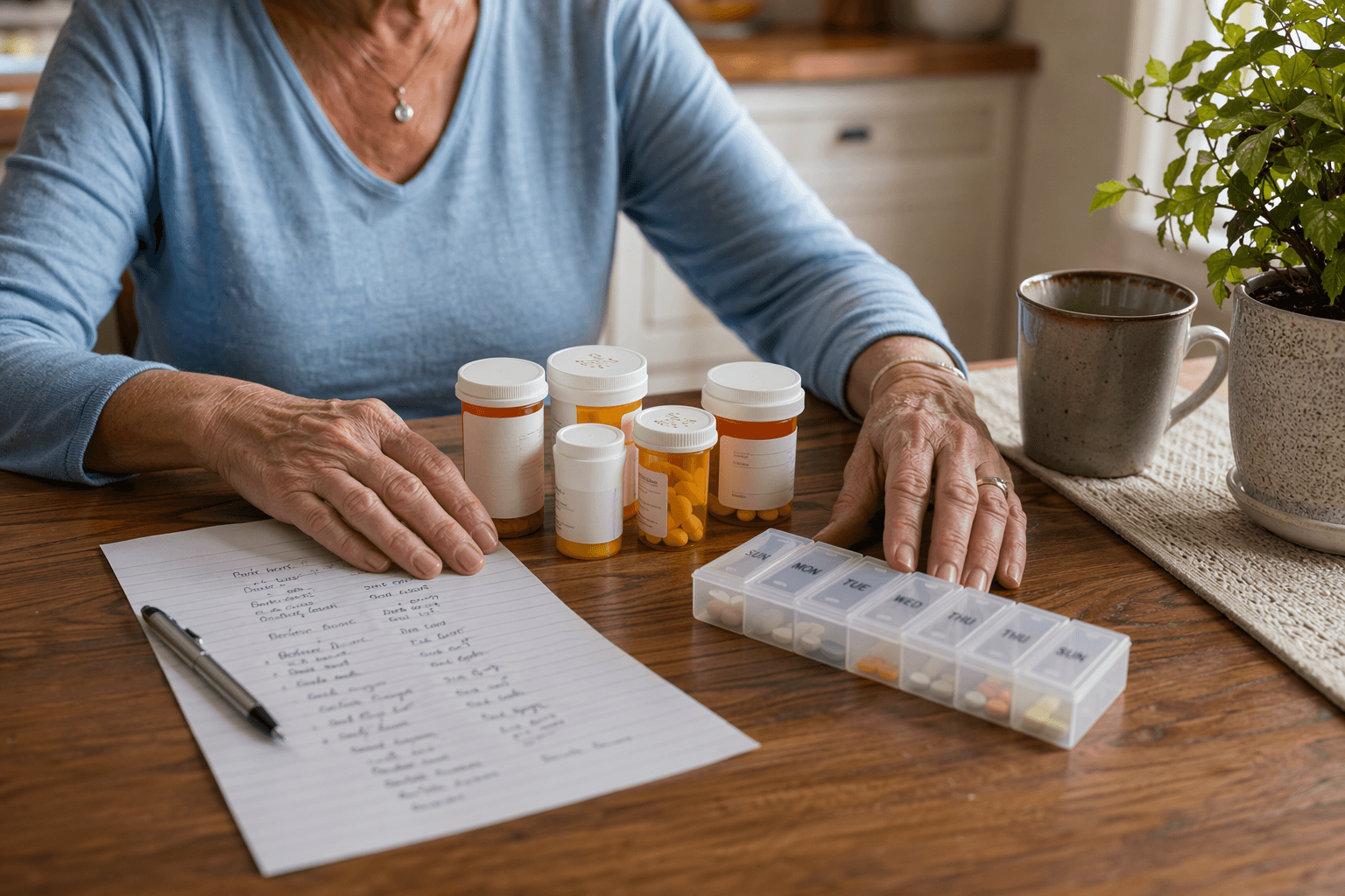 Hands beside medication bottles, a weekly pill organizer, and a handwritten medication list on a kitchen table