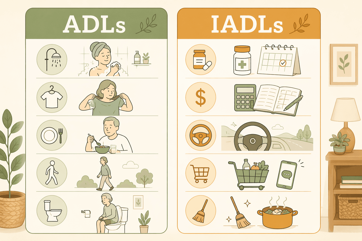 An editorial infographic illustration with two columns: left column labeled ADLs showing line-icon symbols for bathing, dressing, eating, walking, and toileting; right column labeled IADLs showing symbols for medication management, finances, transportation, shopping/communication, and housekeeping/meal prep.