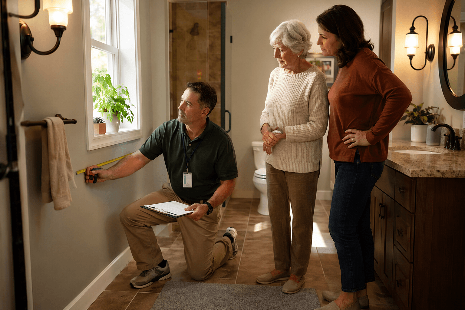 A CAPS-certified professional in casual work clothes with an ID badge and clipboard measures a bathroom wall for a grab bar installation, standing alongside an engaged older adult and their adult child in a sunlit residential bathroom with a non-slip bath mat and warm wood tones.