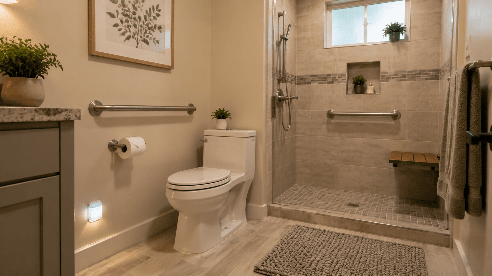 Bathroom with a decorative grab bar beside the toilet, non-slip mat, night light, and handheld showerhead
