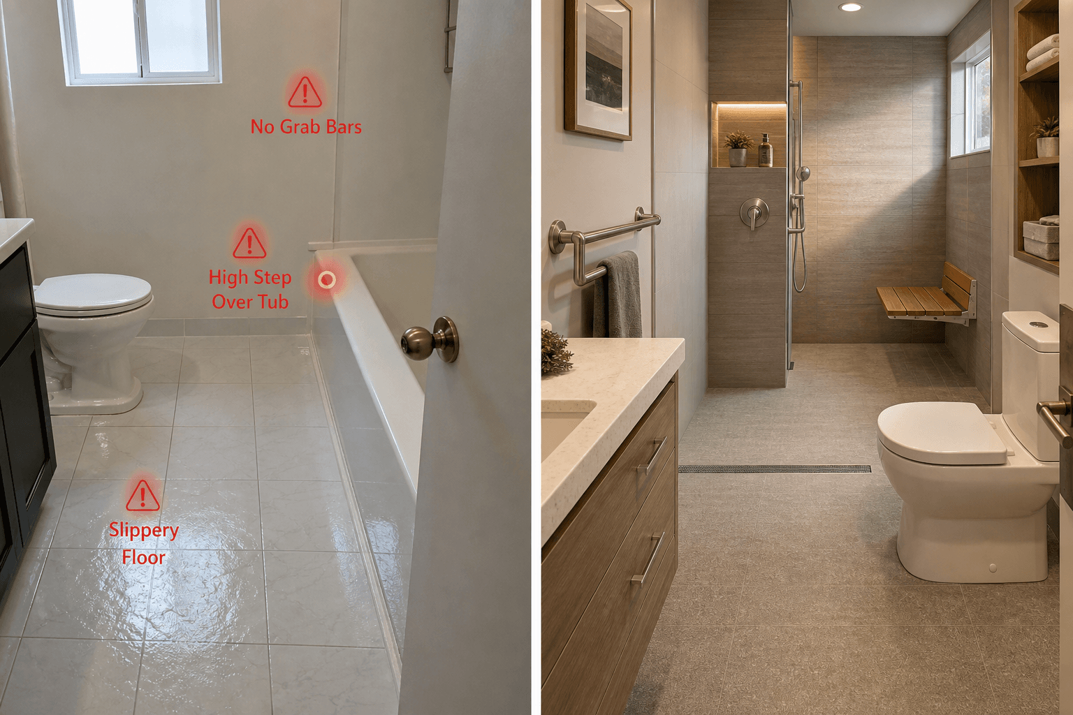 Split-composition photograph of two bathroom scenes side by side. Left side shows a hazardous bathroom with glossy wet-looking tiles, a high-step bathtub, and a round doorknob with subtle red hazard markers. Right side shows a modern safe bathroom with a curbless walk-in shower, linear drain, teak fold-down bench, decorative grab bar, comfort-height toilet, and textured matte tile in warm gray tones.