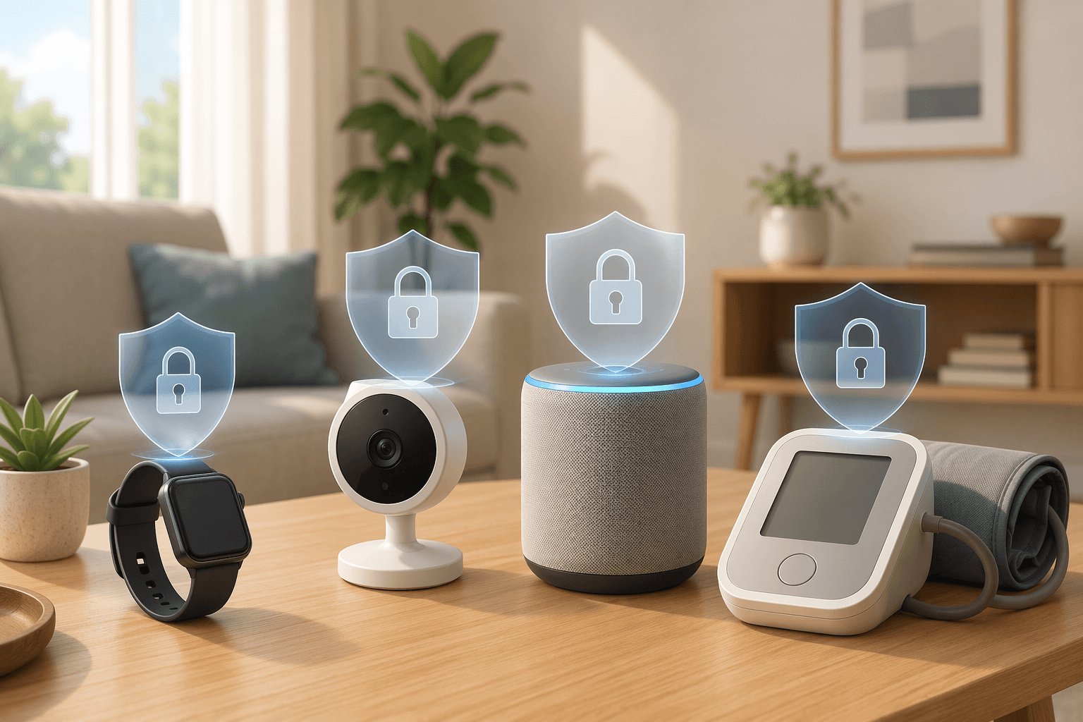 Four modern technology devices arranged on a wooden table in a sunlit living room: a smartwatch, a small indoor security camera, a smart speaker, and a health monitoring device. Above each device floats a soft translucent shield icon, suggesting privacy protection. The illustration uses warm neutral tones and a clean editorial style.