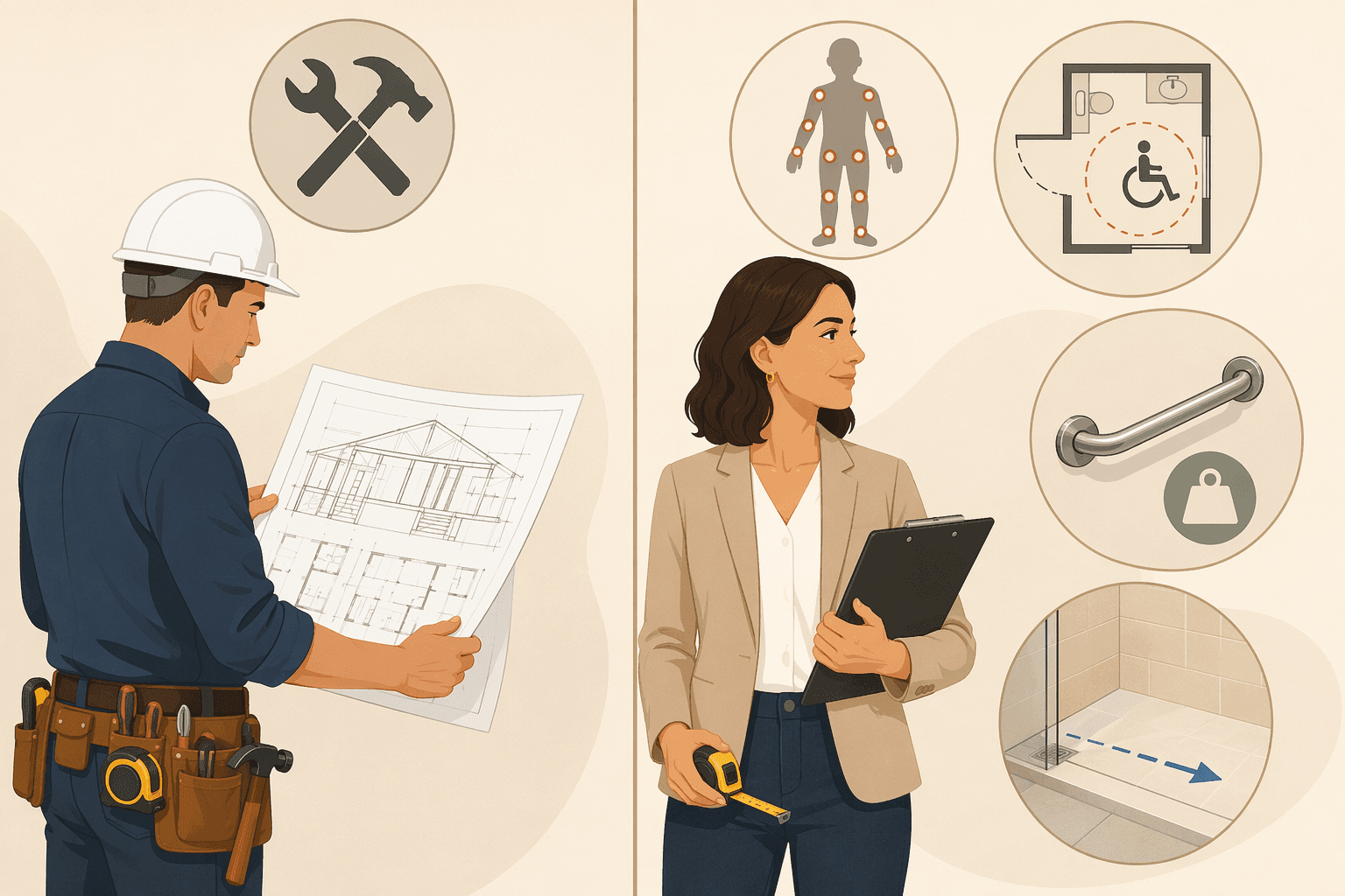 Split-screen illustration comparing a contractor figure with structural plans on the left, and a CAPS professional with a floorplan showing a wheelchair turning radius arc, grab bar weight rating, and curbless shower slope diagram on the right.