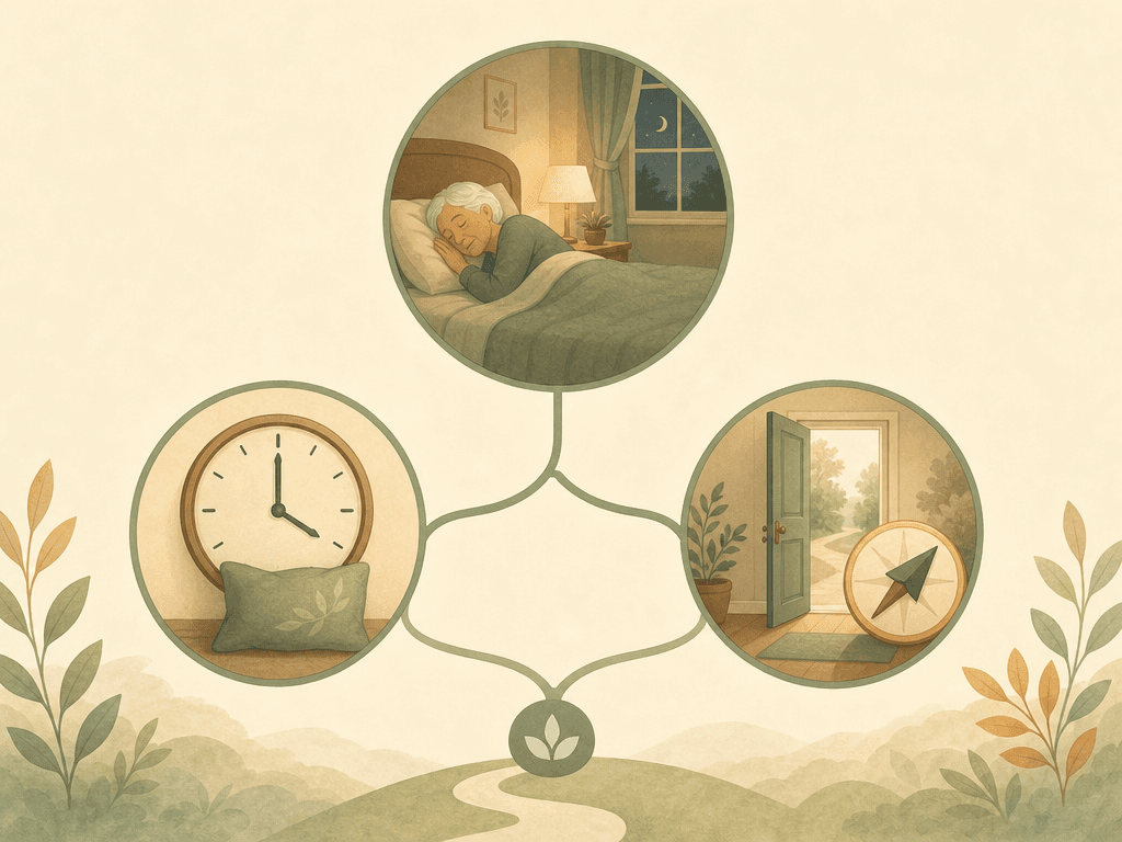 An editorial illustration with three simple icons: a bedroom scene with a sleeping figure, a clock with a rest symbol, and a doorway with a compass arrow, arranged in a gentle decision-pathway layout.