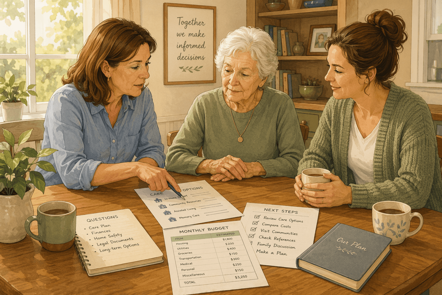 An adult daughter sits at a kitchen table with her elderly mother and a casually dressed caregiver, reviewing papers together.
