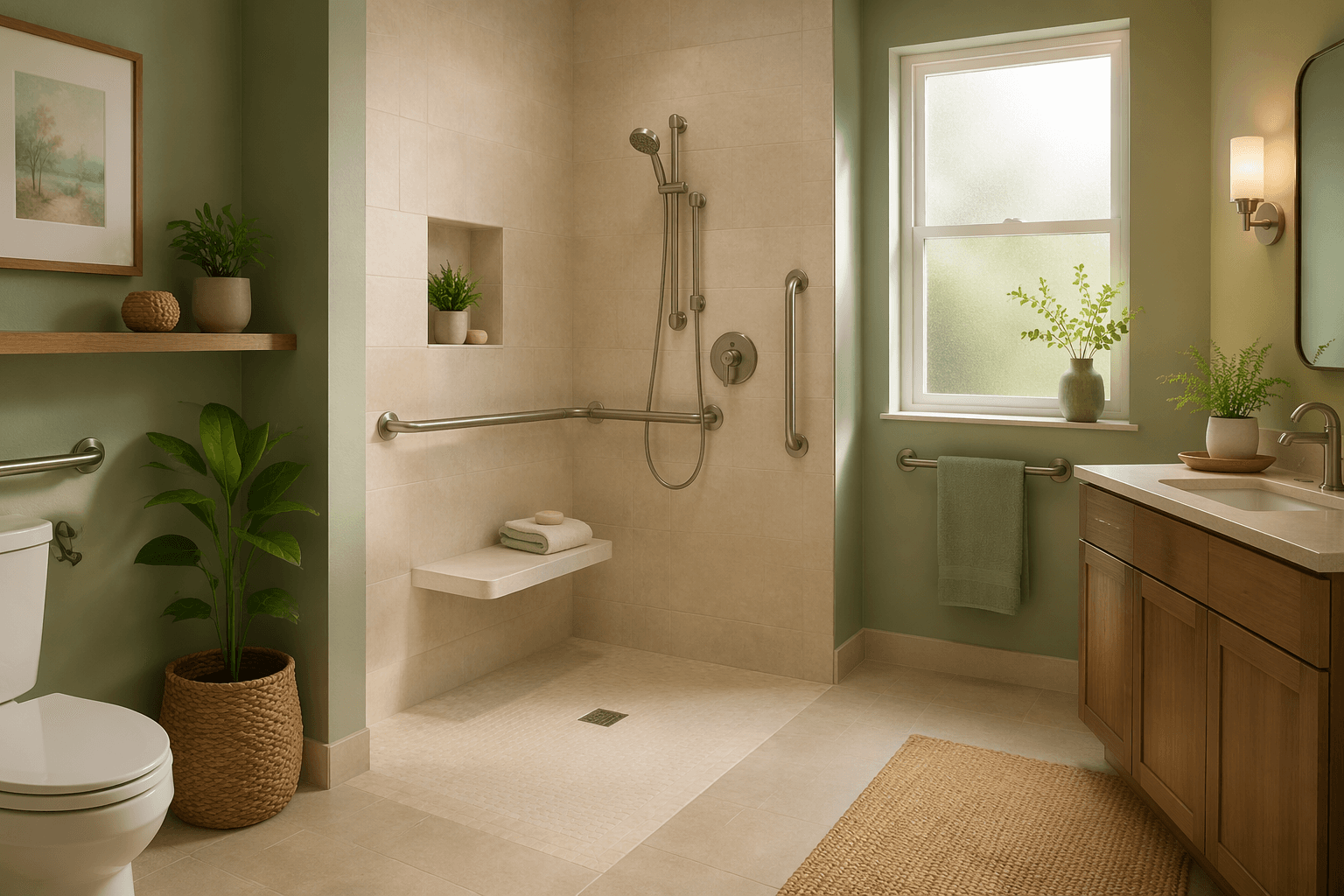 A bright, modern accessible bathroom with a curbless walk-in shower featuring a built-in seat, brushed nickel grab bars, handheld showerhead, and non-slip flooring in warm earth tones and sage green.