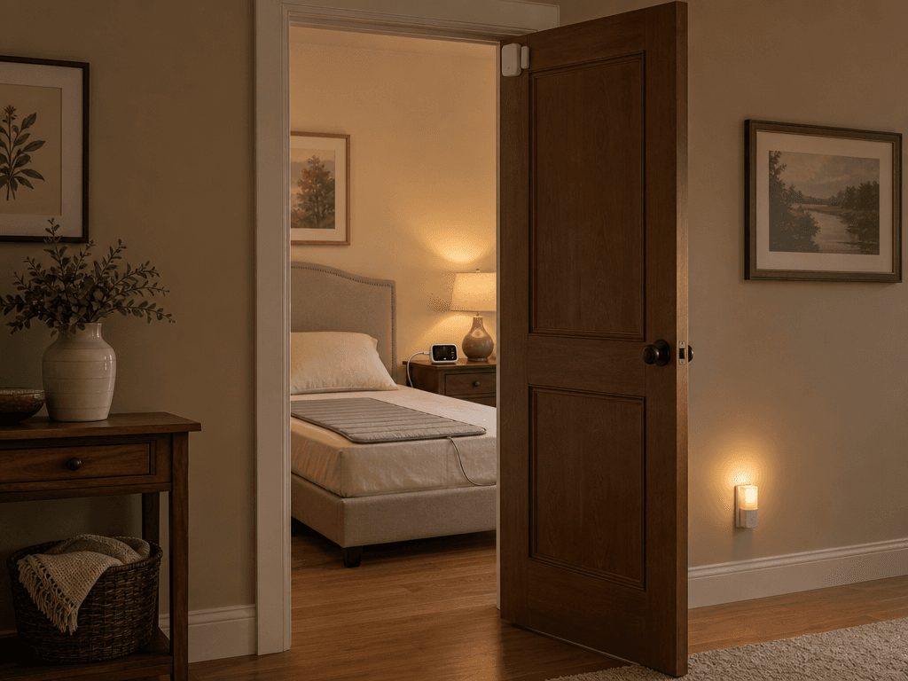 A calm residential bedroom doorway with discreet dementia home safety modifications: a small wireless door alarm sensor near the top of the door frame, a warm motion-sensor nightlight glowing near the baseboard on the wall, and through the doorway a bed with a thin pressure sensor pad on the mattress connected to a monitor on a nightstand, all in soft warm residential lighting.