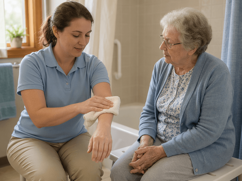 A caregiver in a warm bathroom demonstrates a washcloth motion to an older adult with dementia seated on a tub bench, illustrating the watch-me cueing technique