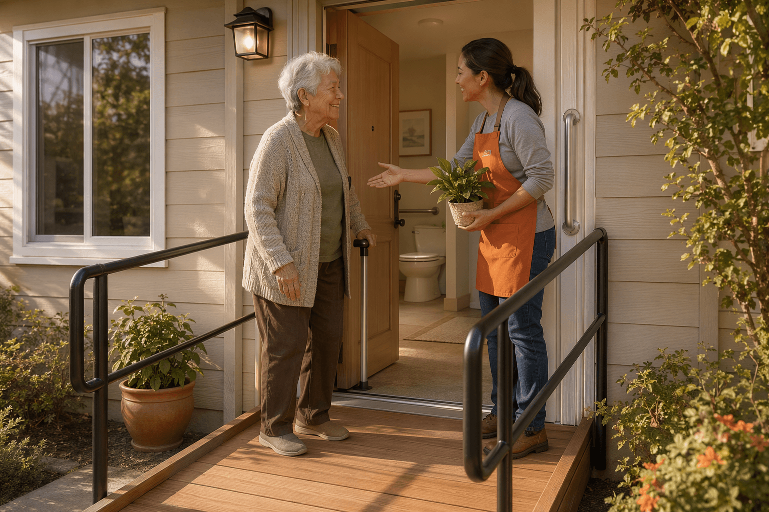 An older adult standing at a home doorway with a wooden wheelchair ramp and silver grab bar, greeted by a Habitat for Humanity volunteer in an orange apron.